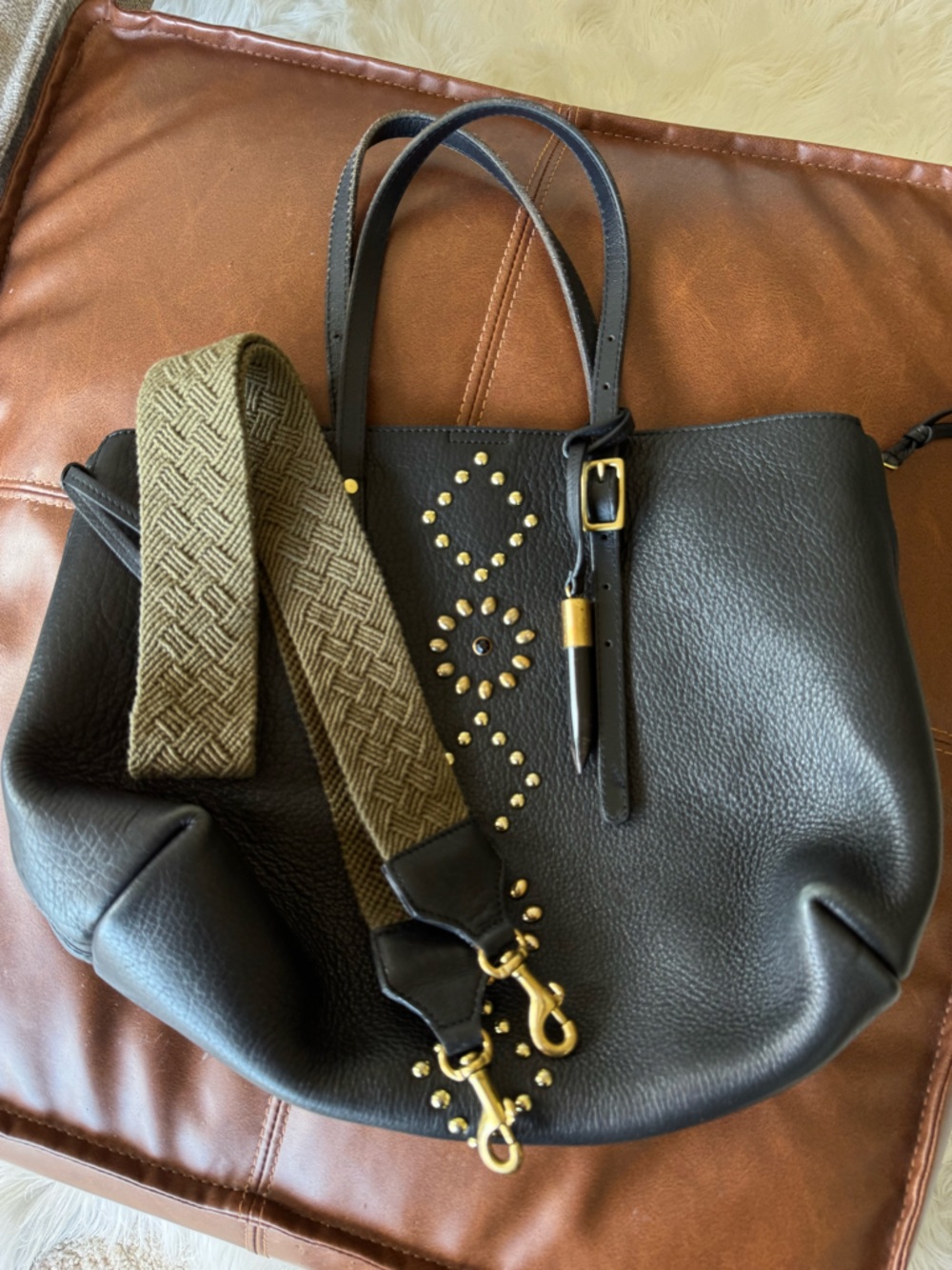 Kempton & Co Black Leather Stud-Embellished Tote with Gold Hardware